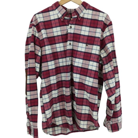 J. Crew Other - J Crew Flannel Plaid Chamois Elbow Patch Button Up Shirt Size L Red Blue Preppy